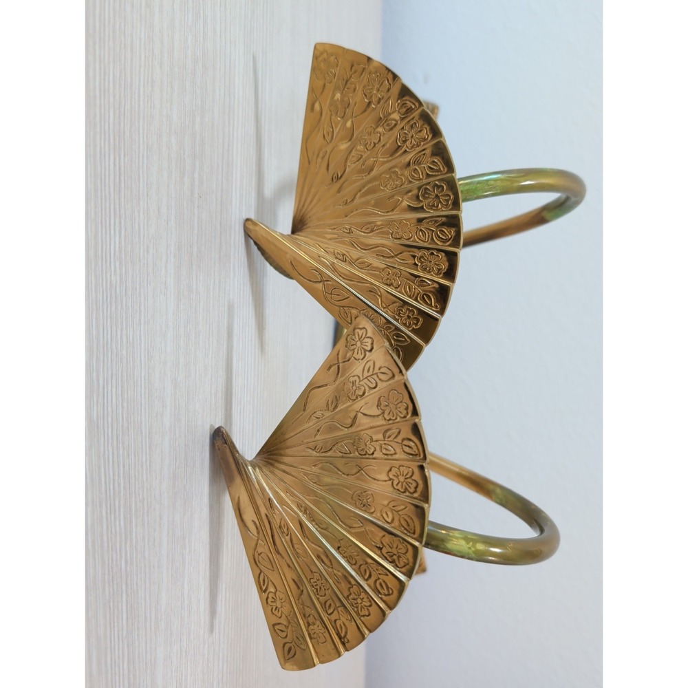 Vtg Brass Tone Fan Curtain Tiebacks Pair Hollywood Regency Floral Holdbacks